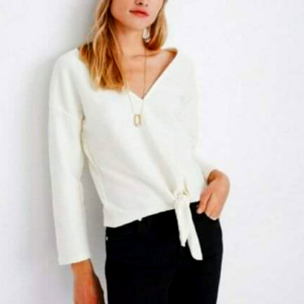 Madewell Ivory Ribbed Tie Up Crop Sweater Size Medium